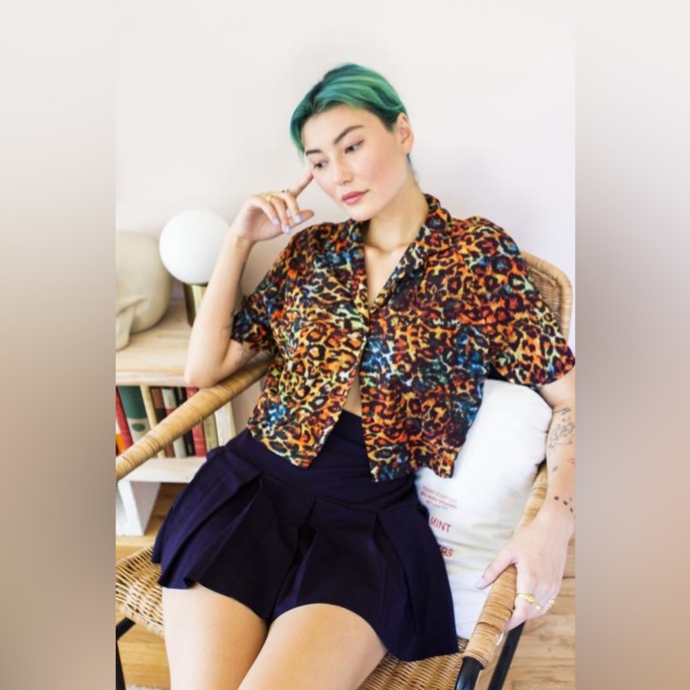 Urban Outfitter Rainbow Leopard Button-down Crop Top